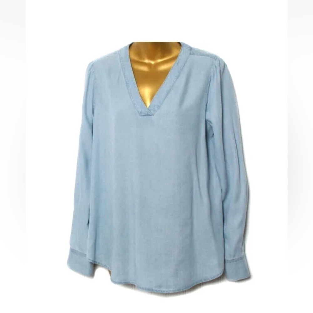 Vince Camuto Textured V-Neck Top/blue chambray/ pullover/ long sleeves/ size XL